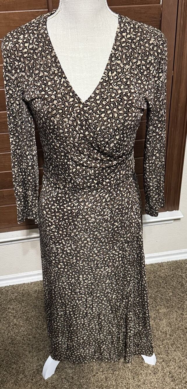 Chico's Travelers Dress Sz 1/M Leopard Midi Surplice Neck Stretchy Slinky